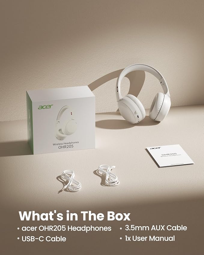 acer Wireless Bluetooth Headphones, 70 Hours Playtime, Foldable Over-Ear Headphones with 40mm Drivers, Memory Foam Earpads, Multipoint Bluetooth 6.0 for Travel, Home, Office, White