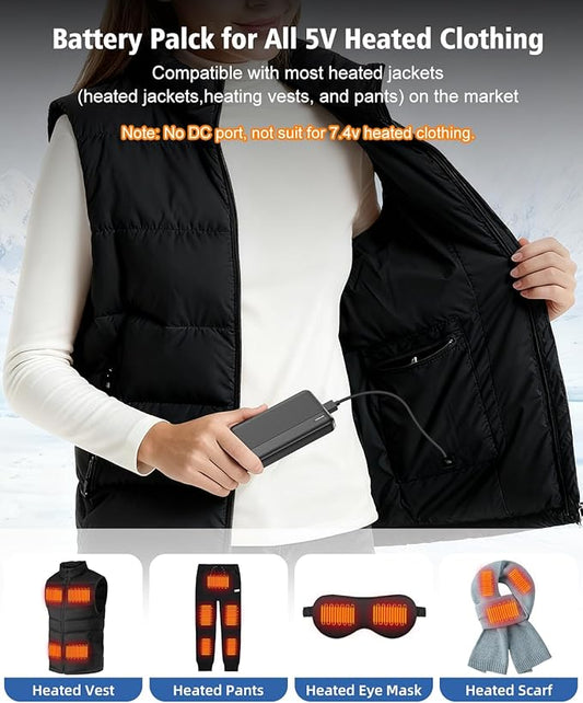 5V 2A Battery Pack Power Bank for Heated Vest, Heated Jackets, Heated Pants, 10000mAh Pocket Size Portable Charger for Heated Clothing, USB Heated Blankets, Heated Coats. (Black)