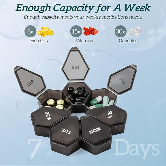 7-Day Weekly Pill Organizer and Daily Vitamin Case - Pill Box for Medication Management (1Pack Black)