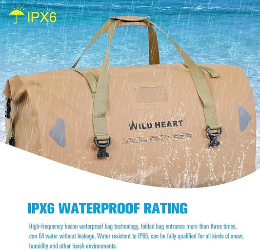 WILD HEART Waterproof Motorcycle Duffel Bag PVC500D Double-bottom With Rope Straps and Inner Pocket 40L 66L 100L for Kayaking, Camping, Boating,Motorcycle