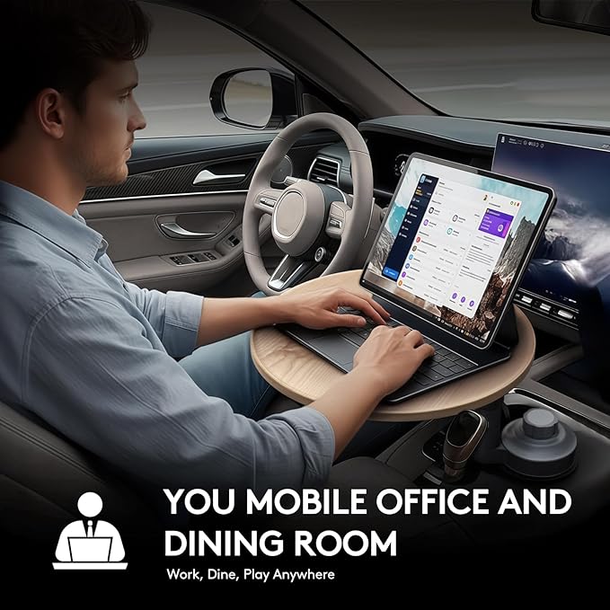 Car Desk for Laptop & Car Table Tray, Height-Adjustable 360° Rotating Wood Car Laptop Mount, Cup Holder Table, Steering Wheel Tray, Compatible with Tesla & Most Vehicles