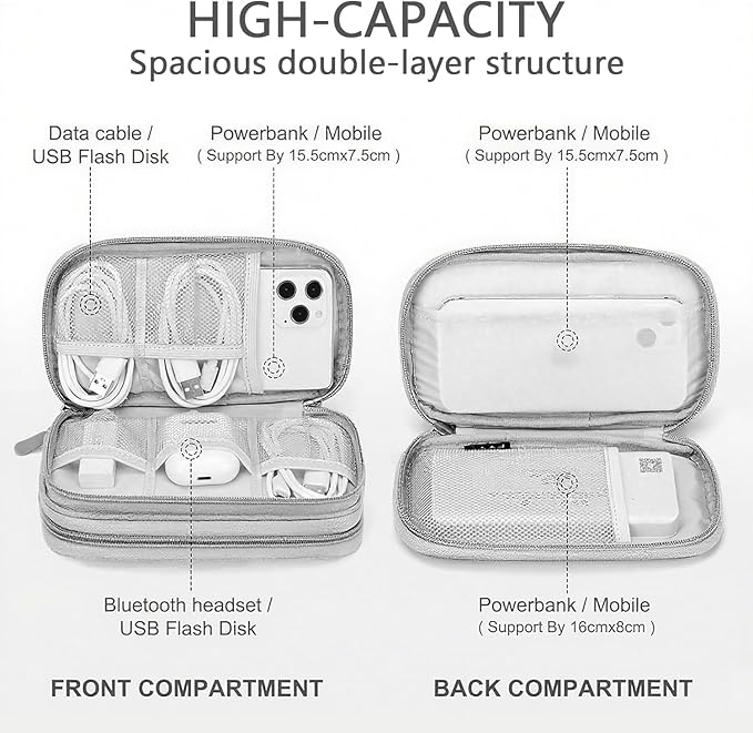 Portable Waterproof Double Layers Travel Cable Organizer Pouch Electronic Accessories Carry Case All-in-One Storage Bag for Cord, Charger, Phone, Earphone, Grey