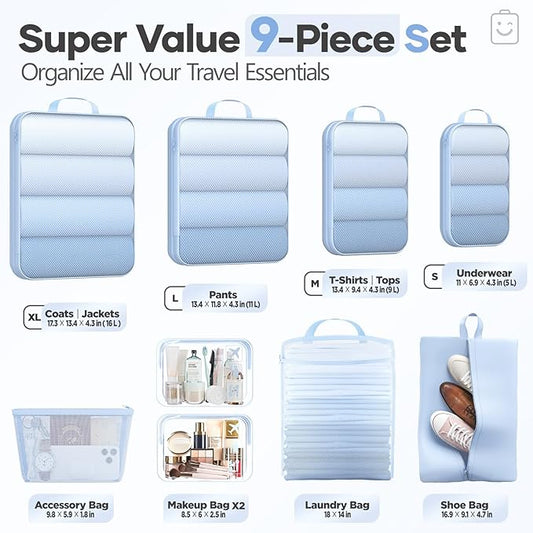 Veken 9/11 Set Compression Packing Cubes for Travel Essentials,Compressible Expandable Large Luggage Suitcase Organizer Bags for Clothing,Durable Space Saver Storage Bags(Light Blue)
