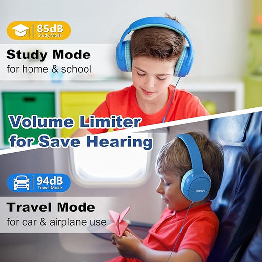 Kids Headphones with Cord & Mic for School Class Airplane Travel, 85/94dB Volume Limit Over Ear Earphones for Boys Girls Teens, Wired Foldable Headset for iPad Tablet Kindle Laptop PC Blue