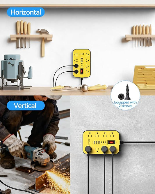 Power Strip with USB, Surge Protector Flat Plug with 8 Widely Spaced Outlets and 6 USB Ports, 14 Gauge Heavy Duty Extension Cord 6 FT, High Wattage for Workbench, Workshop, Kitchen, Garage Must Have