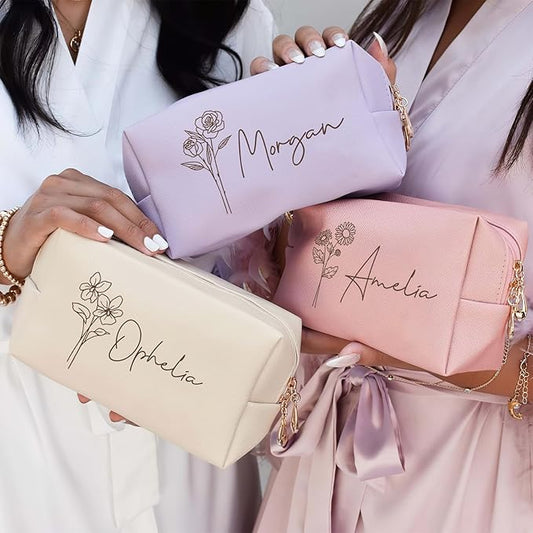 DayOfShe Personalized Bridesmaid Gifts Makeup Bag with Name and Birth Flower, Custom Travel Makeup bag for Toiletries Bridal Shower Gifts