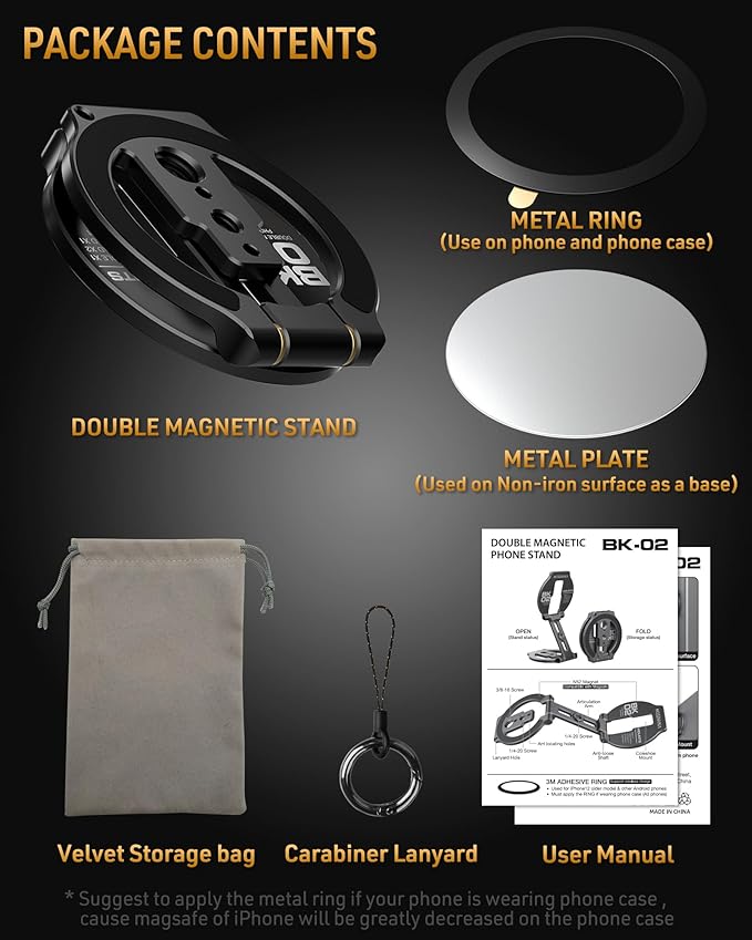 Dual Magnetic Phone Stand Holder Double Magnetic Phone Holder Ultrathin Foldable 1/4" Screw Tripod Mount for iPhone 16 15 14 13 12 Pro Max Plus Gym Magnet Phone Stand (Black)