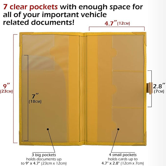 Auto Insurance and Registration Card Holder - Vehicle Glove Box Document Organizer - Car Essential Paperwork Holder for DMV, AAA, Contact Information Cards - Premium PU Leather Wallet Case - Yellow