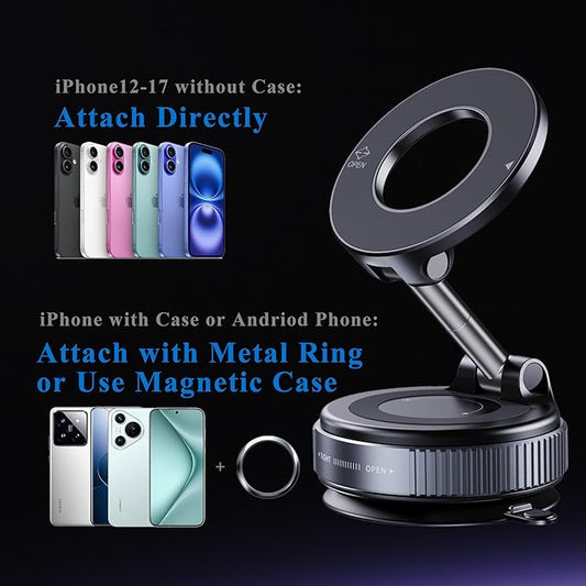 Magnetic Phone Holder for Car,Vacuum Suction Cup Phone Mount,Magsafe Car Mount for iPhone, No Need Charge,Folding Holder for iPhone and Android