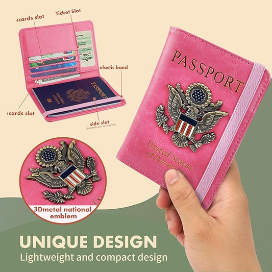 Passport Holder Cover Travel Wallet RFID Blocking Passport Wallets Family Organization Personalized Wallet Case for Men and Women Travel Must Haves (Pink)