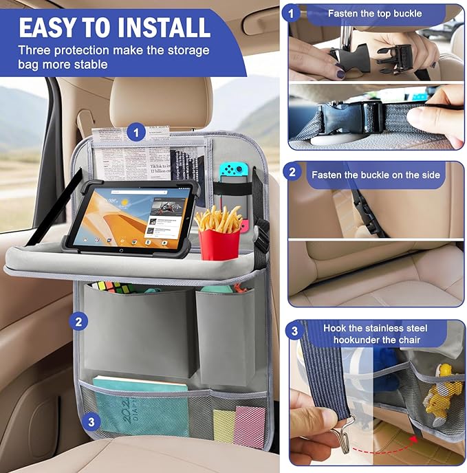 Car Backseat Organizer with Tablet Holder,6 Storage Pockets Car Storage Organizer with Foldable Food Tray,Kick Mats Backseat Protector Travel Accessories (Grey)