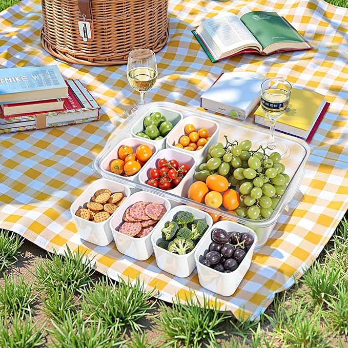 Dishwasher Safe Snackle Box Container, Portable Snacklebox for Veggie, Candy, Divided Serving Tray with Lid and Handle, 8 Compartment Fruit Platter for Party, Picnic, Travel