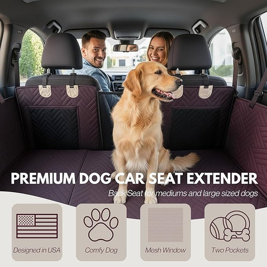 Premium Dog Back Seat Extender | Supports 400 lbs | Waterproof Hard Bottom & Non-Slip Design | Pet Seat Cover with Mesh Window & Storage Pocket | Fits Cars, SUVs & Truck (Brown)