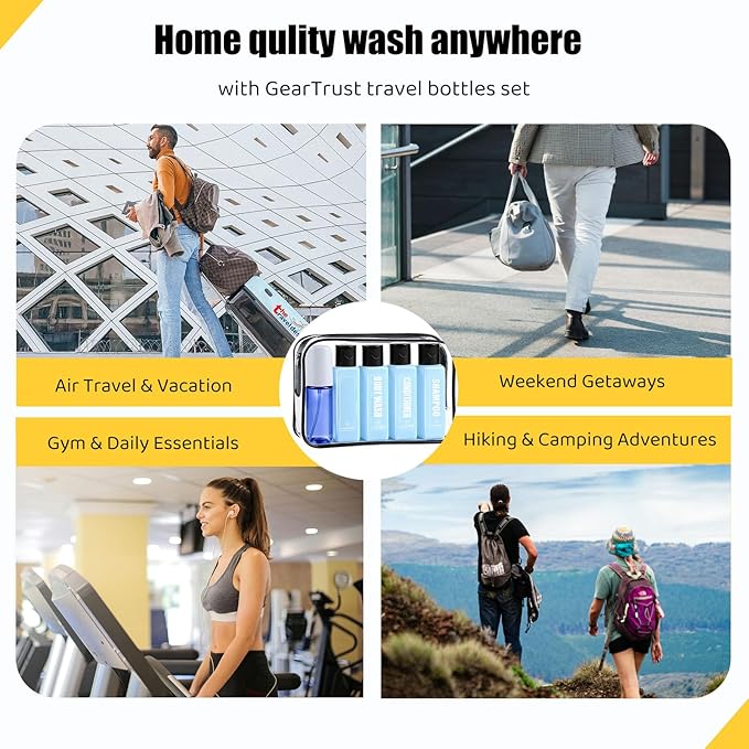 Leakproof Travel Shampoo Bottles for Toiletries TSA Approved Travel Size Toiletries Bottles, 3.4oz Refillable Squeeze Containers Set with Spray Bottle -5 Pack