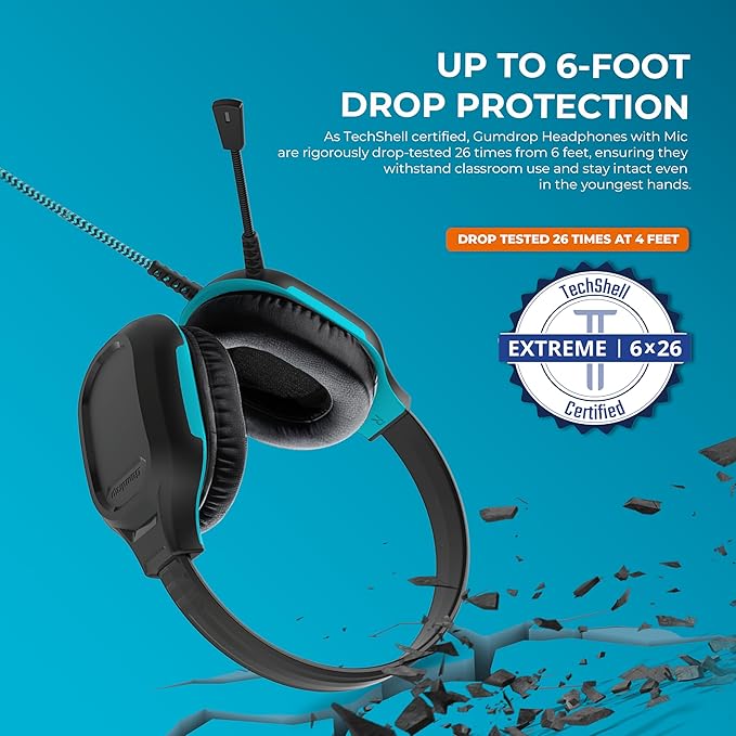 Gumdrop DropTech On-Ear Wired Headphones with Microphone | 3.5 mm Jack Long Tangle Free Chew-Proof Cord Rugged Drop Tested and Comfortable for Kids, Students, Classroom and School Use - Black