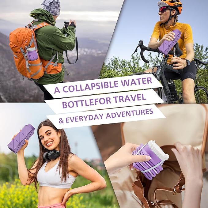 610ml Collapsible Water Bottles Upgrade Foldable Water Bottle BPA Free Reusable Lightweight LeakProof Silicone Water Bottles 20.6oz for Travel Gym Hiking Office Camping Sport Light Purple