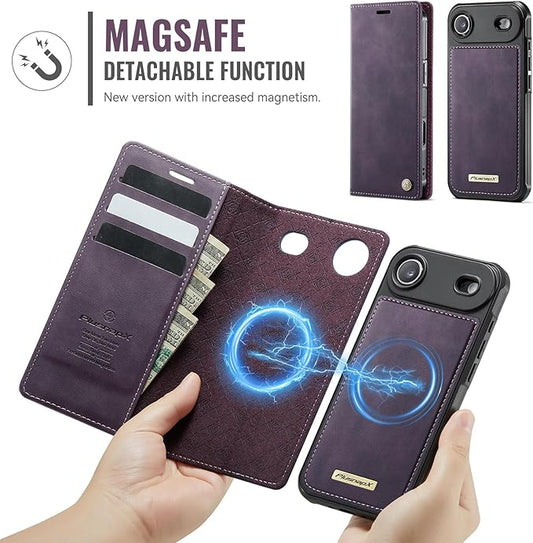 PlusnapX Wallet Case for iPhone Air Compatible with Magsafe, 2-in-1 PU Leather Flip RFID Blocking Card Holder Stand ShockAirof Magnetic Detachable Cover for iPhone 17 Air Case 6.5", Retro Purple