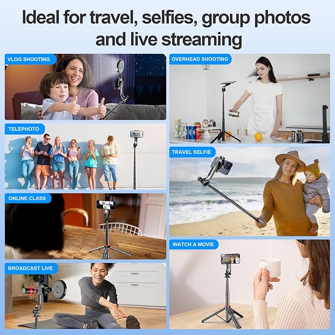 51'' Magnetic Tripod Selfie Stick Stand for Phone with Light,Bluetooth Remote, Mini Holder,MagSafe-Compatible Tripod for Cell Phone Camera Pocket,Portable Extendable Mount for Video Recording