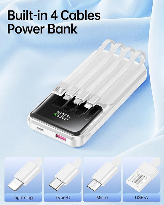 Portable Charger with Built in Cable - Power Bank Fast Charging USB C LED Display 10000mah Battery Pack 5 Outputs & 3 Inputs for Travel Essentials iPhone Samsung Android Phones Tablets White