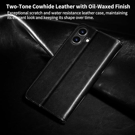Belemay Leather Wallet Case Compatible with iPhone 17, Premium Cowhide Leather Two-Tone Effect, RFID Blocking Card Holders, Shockproof TPU Shell, Kickstand, Protective Flip Cover, 6.3", Black