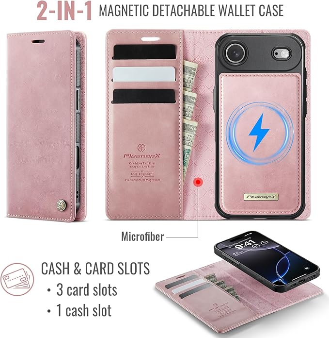 PlusnapX Wallet Case for iPhone Air Compatible with Magsafe, 2-in-1 PU Leather Flip RFID Blocking Card Holder Stand ShockAirof Magnetic Detachable Cover for iPhone 17 Air Case 6.5", Pink