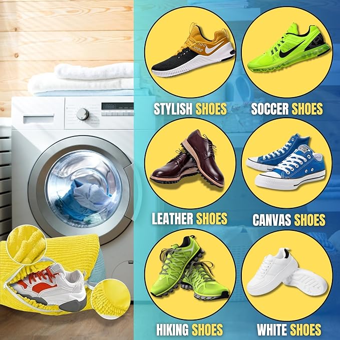 XXL Shoe Bag for Washing Machine - 2PCS Reusable shoe laundry bag for washer and dryer, 360° Premium Protective Shoe Washing Machine Bag for Sneakers, Slippers, Gym & All Type of Shoes (YELLOW)
