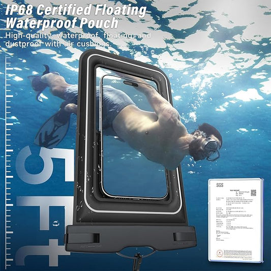 Waterproof Phone Pouch - 2 Pack IP68 Floating Waterproof Phone Case, Dry Bag Beach Cruise Essentials with Adjustable Lanyard for iPhone 16 Pro Max / 15 Pro / Galaxy S24 S23 (Black and Black)