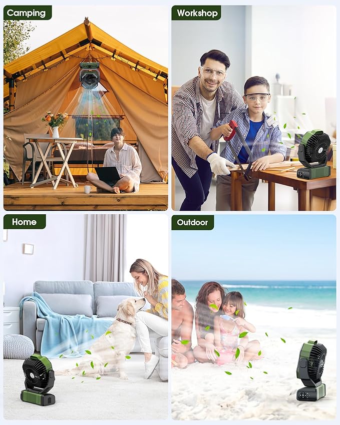 Portable Camping Fan Rechargeable - 20000mAh Cordless Battery Powered Tent Fans with LED Lantern, Remote Auto Oscillating USB C Table Operated Ventilador for Travel Outdoor Beach