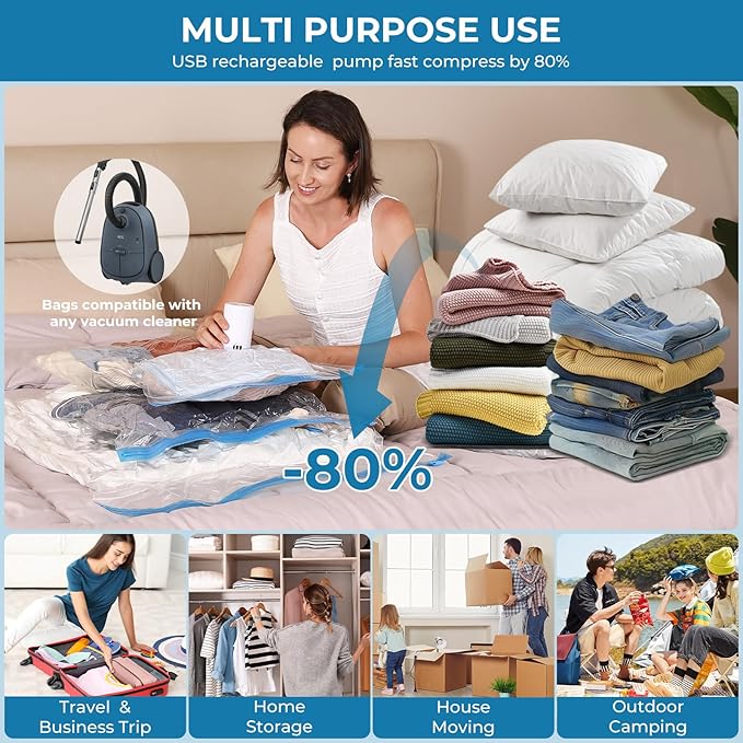 Vacuum Bags for Travel with Portable Electric Pump, 8 Pack Vacuum Seal Bags for Luggage and Suitcase Compression, Space Saver Vacuum Storage Bags for Clothes and Clothing Travel