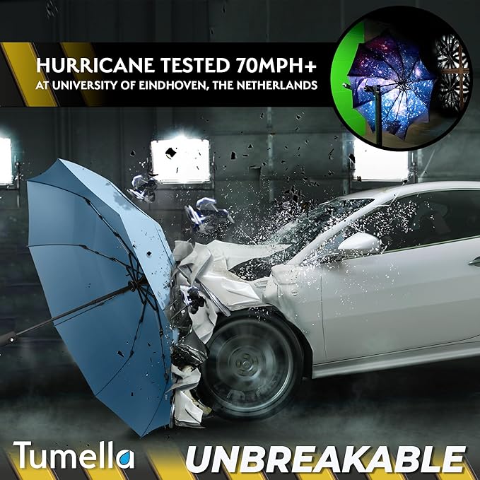 TUMELLA Strongest Windproof Travel Umbrella (Compact, Superior & Beautiful), Small Strong but Light Portable and Automatic Folding Rain Umbrella, Durable Premium Grip, Fits Car & Backpack