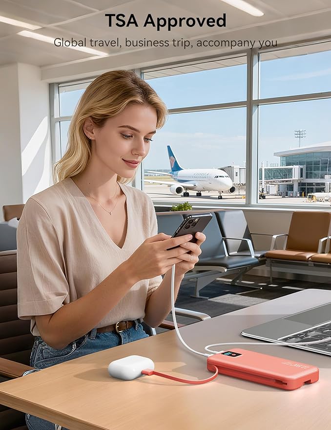 Portable Charger, 12000mAh 22.5W Fast Charging Power Bank with Built-in Cables & Wall Plug, Travel Essential Battery Pack with LED Display, USB C Battery Phone Charger for iPhone, iPad, Samsung Red