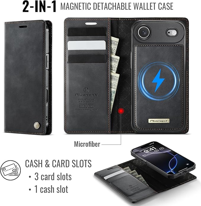 PlusnapX Wallet Case for iPhone Air Compatible with Magsafe, 2-in-1 PU Leather Flip RFID Blocking Card Holder Stand ShockAirof Magnetic Detachable Cover for iPhone 17 Air Case 6.5", Black