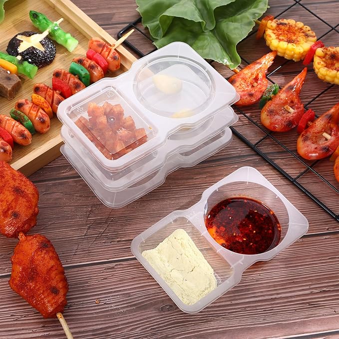 20 Sets Reusable Snack Containers With Lids, 2 Compartment Snack Pack Containers With Lids, Portable Plastic Food Container, Airplane Condiment Snack And Dip Container For Lunches Salad Outdoor
