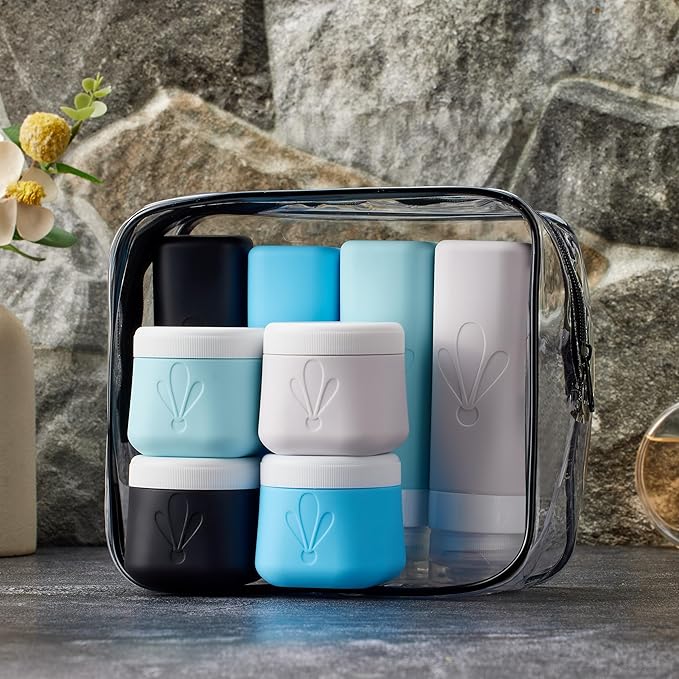INSFIT 8 Pack Silicone Travel Bottles & Cream Jars with Toiletry Bag, 3oz Leakproof Containers & 2oz Jars with Waterproof Labels, BPA-Free Squeezable Toiletries Set for Shampoo, Lotion, Cosmetics