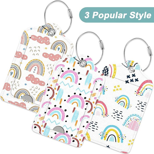 Rimilak 3 Pcs PU Leather Luggage Tags for Suitcase, Travel Cruise Luggage Tag with Privacy Flap, Name ID Label and Metal Loop for Women Men Baggage Handbag School Bag Backpack, Rainbow