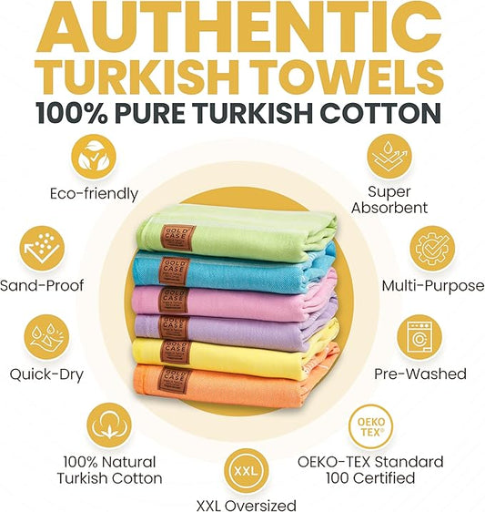 Gold CASE LYCIA Turkish Beach Towel Set of 6 โ 100% Cotton Turkish Beach Towels Bulk 70 x 38'' โ LYCIA Oversized, Quick Dry & Sand Free Beach Towel โ Lightweight Towels Set in Multi Color Tones