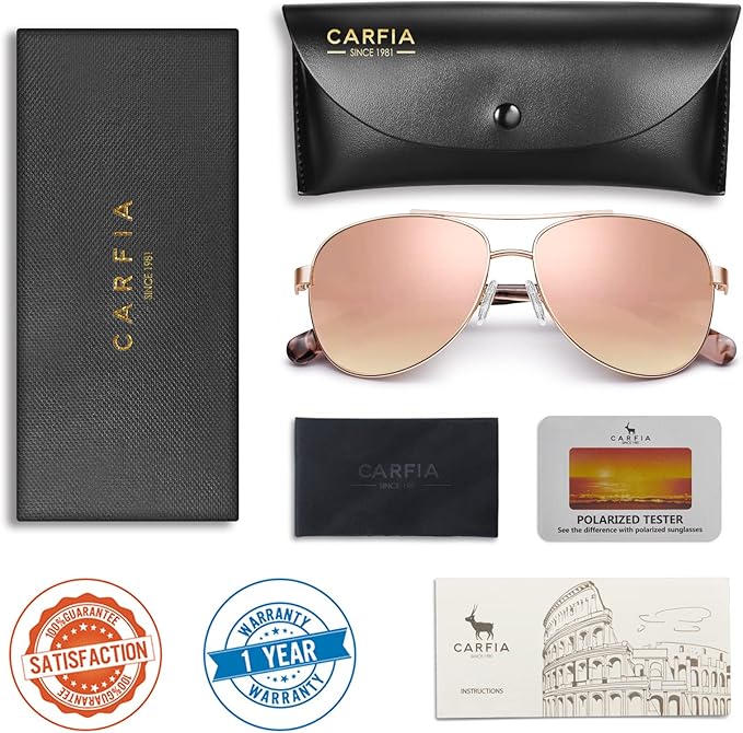 CARFIA Retro Trendy Pilot Sunglasses for Women Polarized UV Protection, Lightweight Outdoor Driving Lady Sunnies Metal Frame