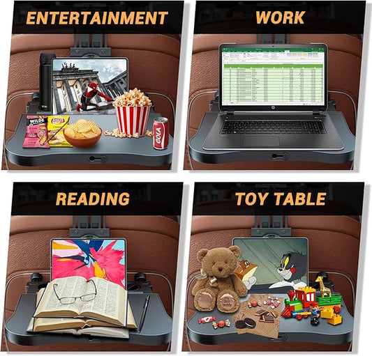 zorunowa Car Back Seat Tray Table-Stable Auto Backseat Food Trays Desk for Rear Passenger Road Trip Eating & Work, Multifunctional Adjustable Travel Tray with Phone Drink Holder for Laptop iPad