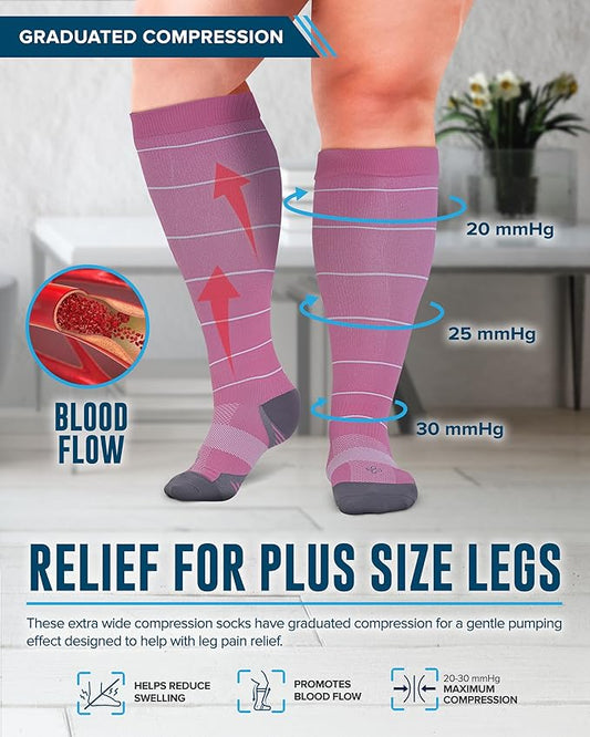Doctor's Select 3 Pairs Plus Size Compression Socks Wide Calf - Up to 6XL | 20-30 mmHg Compression Socks for Women Wide Calf| Blue, Pink, Purple (Stripes)