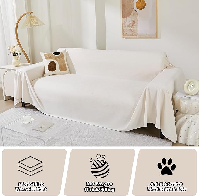 MEETSKY Couch Cover for 3 Cushion Cat Scratch Furniture Protector Anti-Slip Sofa Sectional Covers L Shape Couch Covers for Dogs Soft Sofa Throw Blanket Couch Slipcover for Pets Kids, 91x134, White