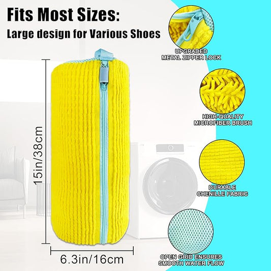 XXL Shoe Washing Machine Bag - 2 Reusable Shoes Cleaning Bags for Washer And Dryer, Durable Zipper Laundry Shoe Bag 360° Deep Clean Sneaker Tennis Include Mesh Wash Bags & Bra Laundry Bags (Yellow)