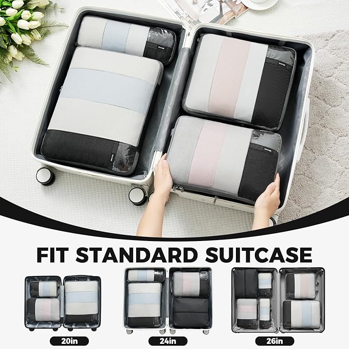 BAGAIL 6 Set/4 Set Lightweight Compression Packing Cubes with Packing List, Anti-Tearing Expandable Organizer Bags for Travel