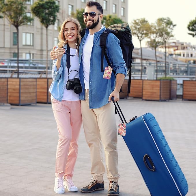 2 Pack Luggage Tag for Suitcase,Retro Flower Rose Leather Suitcase Tags Identifiers with Privacy Name Address Labels and Durable Steel Loop for Women Men Travel