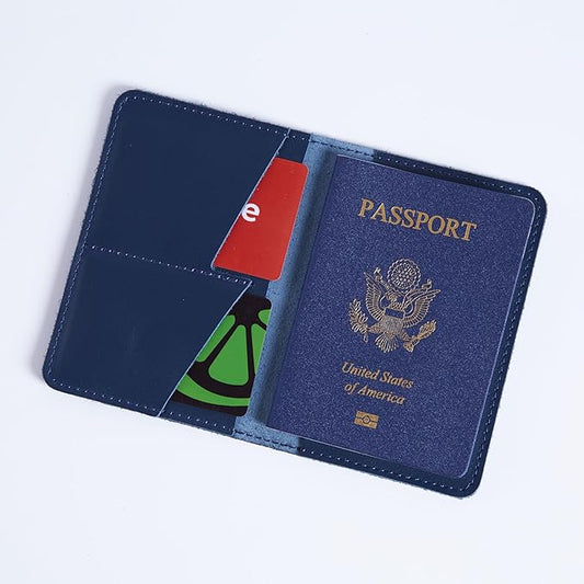 INCARNE US Passport Cover Clear - Travel Passport Wallet - Leather Passport Holder for Men Women Family with Card Slots & Note Compartmen - Sleeve Protector - Genuine Leather - Classic Blue