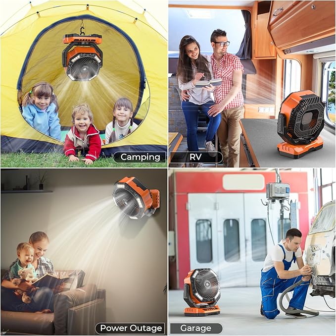 40000mAh Camping Fan with Light - 12in Rechargeable Battery Powered Fan (136H Cool Max), 90°Auto Oscillating with Remote & Charger, 4 Speeds & Timers for Outdoor/Patio/Garage/Jobsite/Hurricane/Outage