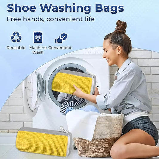 2Pcs Shoe Washing Machine Bag with Insoles | Reusable Sneaker Laundry Bags for Machine Wash | Fluffy Fiber 360° Cleaning with Durable Zipper Closure (Yellow Grey & Trees)