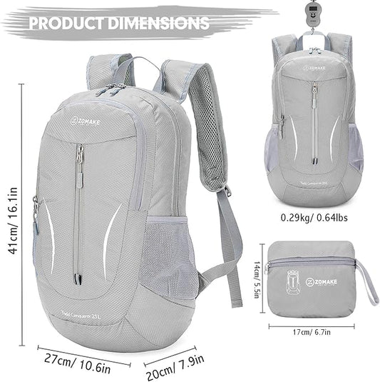 ZOMAKE Ultra Lightweight Packable Backpack 25L, Foldable Hiking Backpacks Water Resistant Small Folding Daypack for Travel(Sliver Grey)