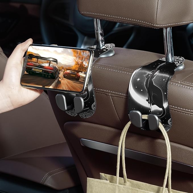 CoBak Purse Hook for Car - Universal Premium Stitched Leather and Aluminum-Magnesium Alloy Double Car Seat Back Storage Hook for Purses, Handbags, Bags (2 Pack),Mystic Night