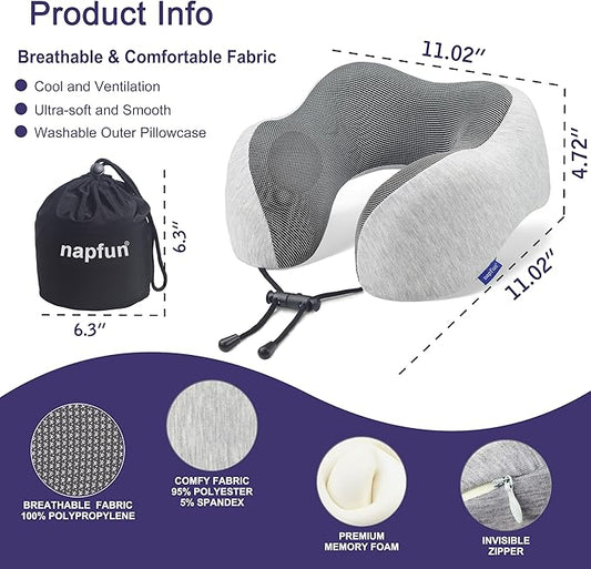 napfun Neck Pillow for Traveling, Upgraded Travel Neck Pillow for Airplane 100% Pure Memory Foam Travel Pillow for Flight Headrest Sleep, Portable Plane Accessories, Light Grey