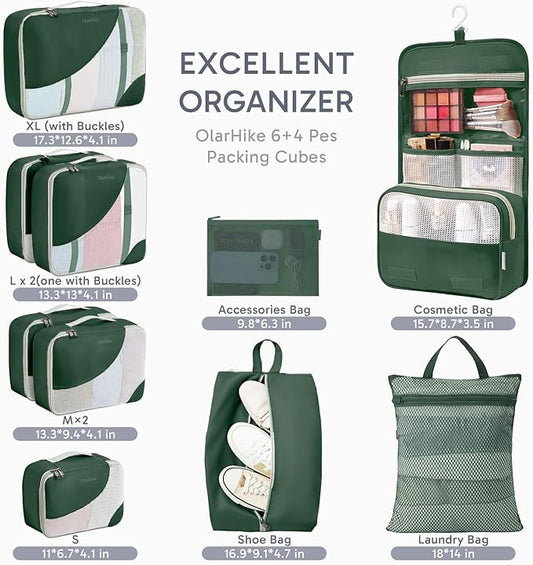 ALL INCLUDED 10 Set Durable Packing Cubes for Travel,Christmas Gifts for Women Mom, UPGRADED Anti-Tear Stitching, NEW Improved Luggage Packing Organizers for Suitcases Accessories (Dark Green)